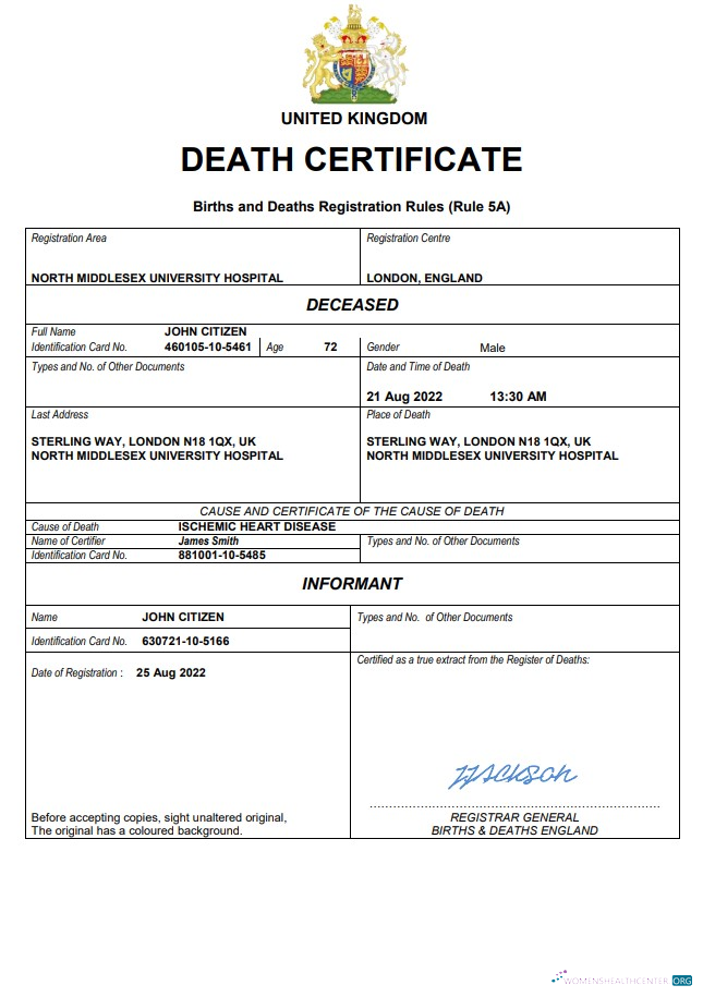 Download United Kingdom vital record death certificate Word and PDF template Photoshop template